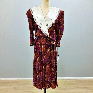 Vestido midi vintage floral oscuro cuello de encaje grande talla 12 secretaria grunge años 80 90 - Imagen 1 de 13