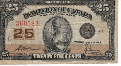 Dominion of Canada 1923 25 Cents Shinplaster McCavour-Saunders Fine+ - Image 1 of 2