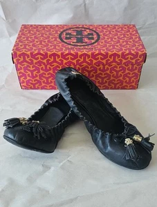 ZAPATOS TORY BURCH NEGROS MESTICO REESE CUERO LOGO BAILARINA PLANOS TALLA 10M GUC - Imagen 1 de 11