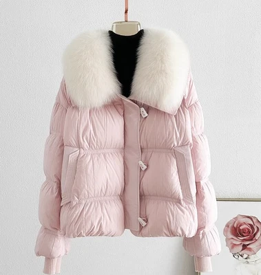 Nova Jaqueta Feminina 90% Branca de Ganso Gola de Pele de Raposa Real Rosa Grossa Jaquetas - Imagem 1 de 4