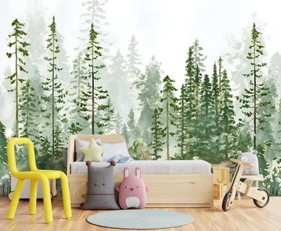 - Boys or Girls Cartoon Pine Tree Forest wallpeper Nursery Kids Bedroom Wall ... - Image 1 of 4