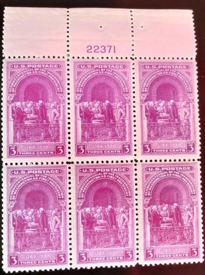 U.S. 3¢ Inauguration Of Washington Plate Block Of 6 Stamps. MNH MH Sc.854 1939 - Image 1 of 2