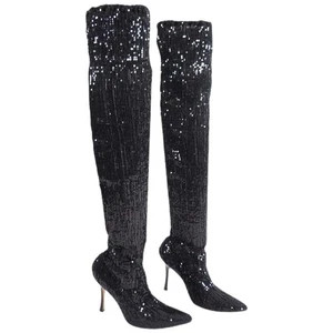 Manolo Blahnik Sequined Pascalare Over the Knee Boots Black Women Size 37.5 - Picture 1 of 12
