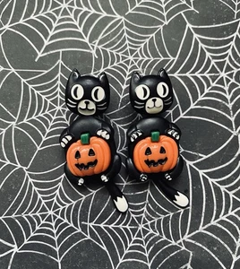 Halloween Kürbis schwarze Katze gruselig niedliche Ohrringe Vintage Motiv Angst Schrecken - Bild 1 von 3