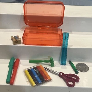 Miniature SchoolBox Dollhouse Ruler Crayon Scissors Mallet Sharpener Collectible - Picture 1 of 8