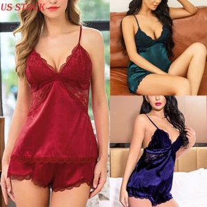Sexy Pajama Set for Women Lace Cami and Shorts Two Piece Satin Sleepwear M-XXL - Picture 1 of 32