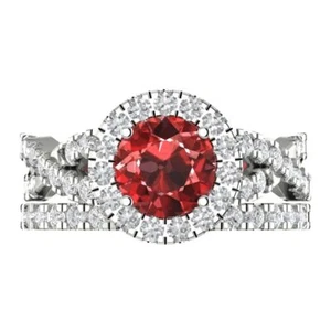 1.92Ct Natural Garnet - Round Cut Solid 14K/18K Gold Bridal Set (Ring + Band) - Picture 1 of 20