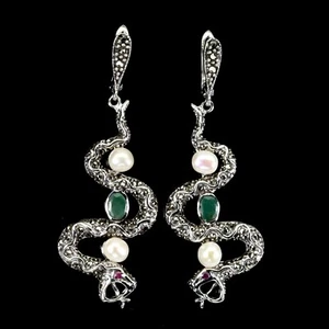 925 Sterling Silver Earrings Oval Emerald Ruby Pearl Gemstone Cobra Jewelry - Picture 1 of 10
