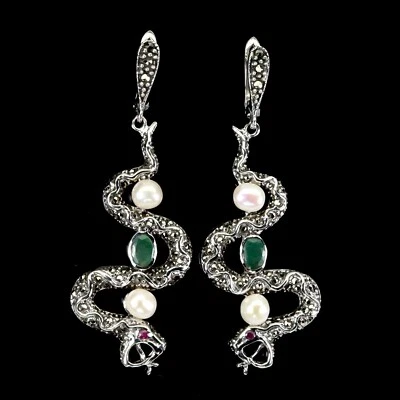 925 Sterling Silber Ohrringe Oval Smaragd Rubin Perle Edelstein Kobra Schmuck - Bild 1 von 4