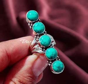 Turquoise Gemstone Multi Stone Long Ring, 925 Sterling Silver Ring - Picture 1 of 8