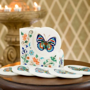 Juego de posavasos de café artesanales de mármol de 4" con incrustación de mariposa de piedra semipreciosa Dec - Imagen 1 de 9
