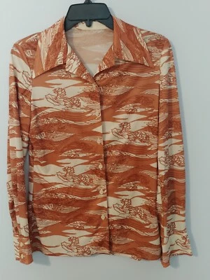 Blusa vintage cuello largo patrón naranja y crema.  Talla M Foto 1 de 4