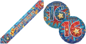 Feliz 16 cumpleaños fuegos artificiales flash globo y pancarta conjunto decoración fiesta - Imagen 1 de 3