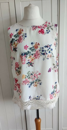 OFF WHITE Top senza maniche Matalan Papaya bianco sporco orlo in pizzo floreale taglia 16