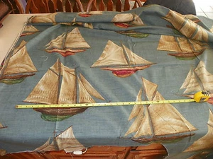 Blue Tan Sailboat Print Upholstery Fabric 1 Yard F1102 - Photo 1/1