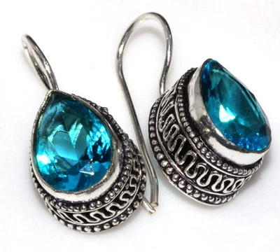 Pendientes Vintage Topacio Azul Chapados en Plata 925 1.3" Regalo Limitado GW Foto 1 de 3