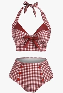 DRESSFO Set Bikini Donna Halter Due Pezzi Costume da Bagno Vita Alta Plaid Retrò... - Foto 1 di 5