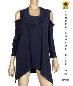 🌻SANDRA SOULOS NAVY JERSEY COWL NECK COLD SHOULDER TUNIC TOP BNWT SIZE 18 AU - Picture 1 of 10