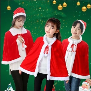 Women Girls Christmas Cape Thicken Velvet Warm Red Short Santa Cloak Shawl- - Picture 1 of 16