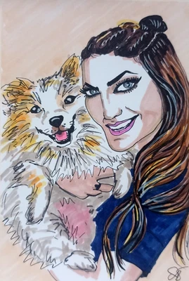 Niña con Spitz Pomerania Pintura Original Arte Pintado a Mano 6x4"" Foto 1 de 4