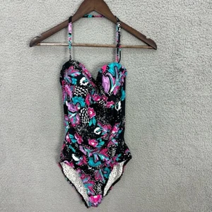 Anne Cole One Piece Black Floral Halter Ruched Swimsuit Size 10 Resort Beach - Picture 1 of 7