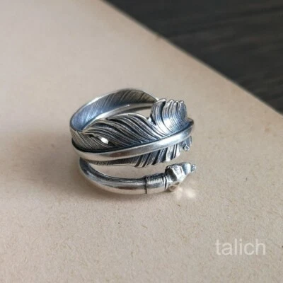 925 Sterling Silver Detailed Feather Flint Arrowhead Wrap Ring Adjustable Unique - Image 1 of 4