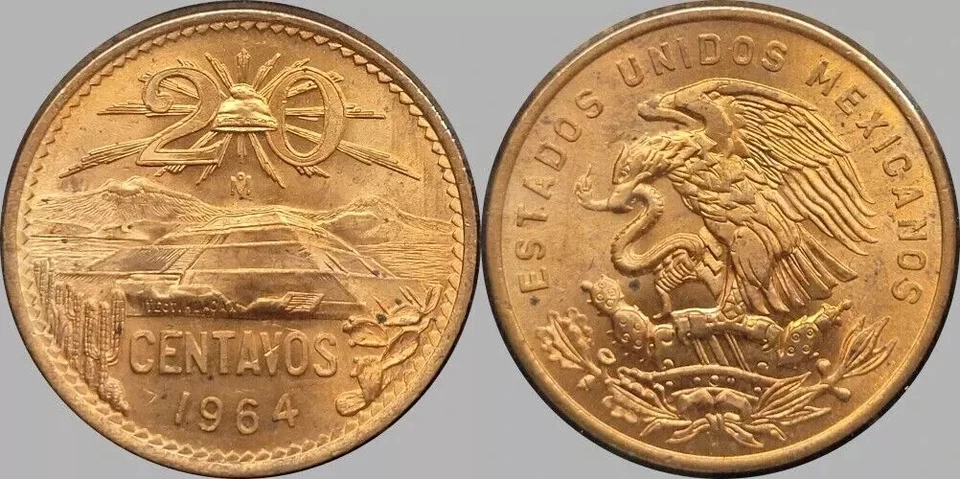 1964 年墨西哥 20 CENTAVOS 未流通未流通细节硬币 #E — 第 1/1 张图片