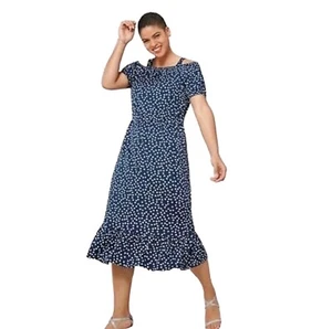 Avon blue white polka dot, off shoulder midi dress size XL 16 Ruffled - Picture 1 of 13
