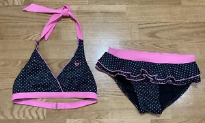 Girl's Justice Black Polka Dot Swimsuit w/Hot Pink Trim Size 10 GUC - Picture 1 of 3