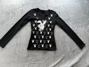 Playboy Bunny Shirt Women's Small Black Graphic Split Neck Long Sleeve Pullover - Picture 1 of 4