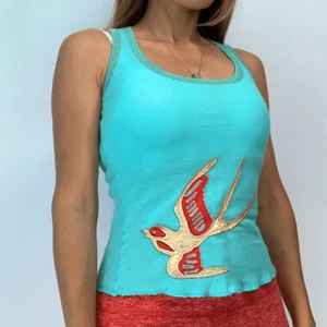 PICALINO turquoise bird embroidered with gold leather tank top blouse sz xs - Picture 1 of 6