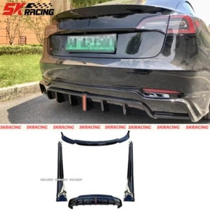 For 2017-23 Tesla Model 3 Gloss Black Front Rear Lip Bumper Side Skirts Bodykits - Picture 1 of 22