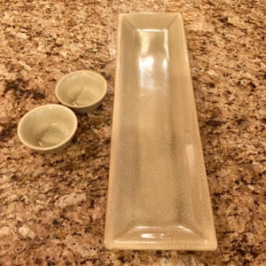 Crackled Ceramic Taupe 18" Serving Slider Platter Tray & 2 Sauce Dipping Bowls - Picture 1 of 1