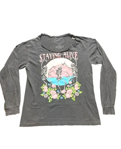 Staying Alive Shirt Womens Medium Gray Dancing Skeletons Flower Whimsigoth Goth - Picture 1 of 10