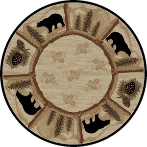Toccoa Round Oval Runner Area Rug Lodge Cabin Bear Pine Cone Beige Black Set - Picture 1 of 9