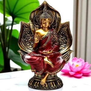 Thai Buddha Meditating Sculpture Red Gold Lotus Figurine Ornament Zen Home Decor - Picture 1 of 10