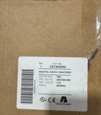 Transformador de control Acme CE750N005 750VA Pri 208/240/480V, Sec 120V nuevo en caja Foto 1 de 3