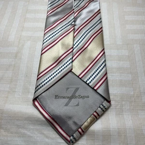 ERMENEGILDO ZEGNA  Silk/Cotton Necktie ITALY Luxury STRIPED Silver Gold Red - Picture 1 of 4