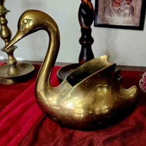 Big Solid Brass Swan Planter Vase Mid Century Art Deco Vtg 8" Heavy Trinket MCM - Picture 1 of 7