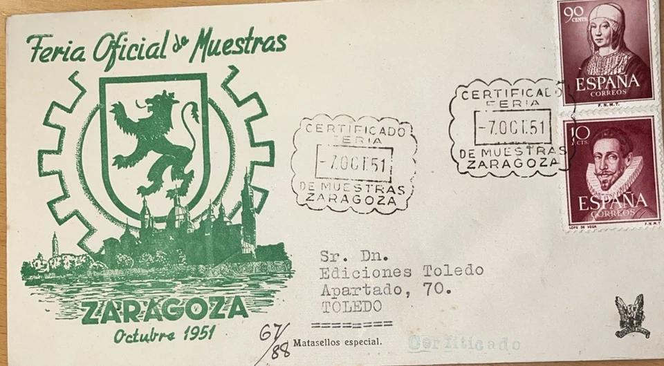 Sobre matasello esp Certificado Feria Oficial de Muestras Zaragoza 1951 - Imagen 1 de 1