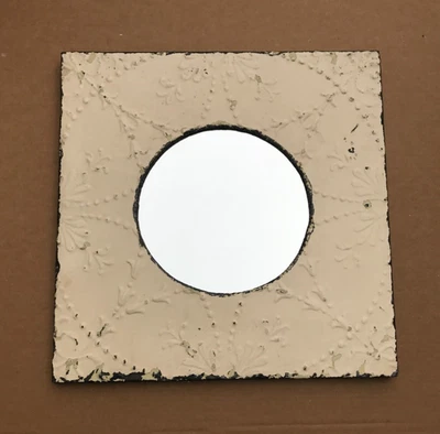 Винтажные спасенные 23 дюйма кв. Потертый желтовато-коричневый оловянный потолок 12 дюймов круглое металлическое зеркало 1721-25B - Изображение 1 из 4