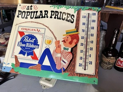 (VTG) 1960s Pabst Beer Guy Figure Fishing Metal Thermometer Advertising Sign - Image 1 of 4