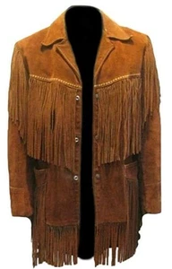 Men Western Cowboy Suede Fringe Jacket Native American Fringe Leather Jacket - Picture 1 of 5