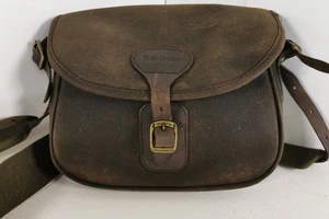 Vintage Barbour Waxed Cotton Cartridge Bag Small Shoulder Satchel Tartan Lining - Picture 1 of 18