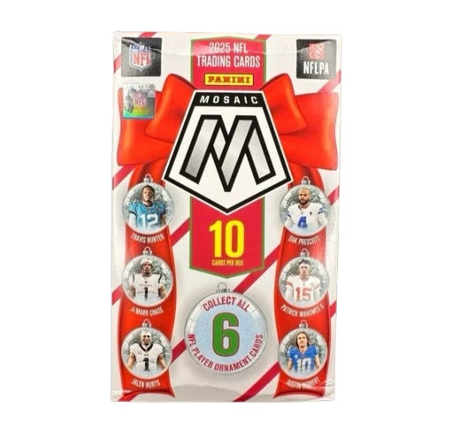 ¡Caja de adornos navideños Panini Mosaic NFL 2025 rayas rojas/blancas novatos! Foto 1 de 1