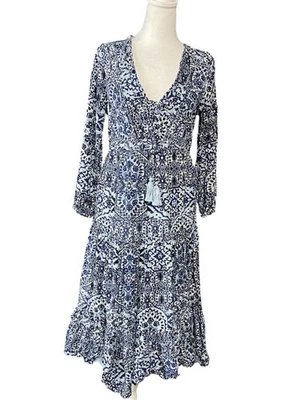 Lucky Brand Dress Womens Small Boho Midi Tassel Tie Long Sleeve Floral - Image 1 of 4