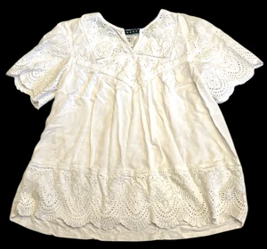 Knox Rose Blouse Women Medium White Eyelet Short Sleeves Peasant Boho Hippie - Picture 1 of 11