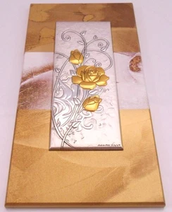 QUADRO ARGENTO cm40x16 FIORI ROSE LEGNO cm50x26 FIORE ROSA QUADRI MADE IN ITALY - Foto 1 di 2