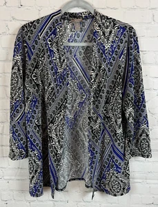 CHICO'S TRAVELERS black blue white gathered knit open front cardigan sweater 1 M - Picture 1 of 6
