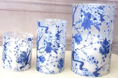 Victorian Trading 3 Blue & White Roses Glass & Wax Flameless LED Candles - Image 1 of 4
